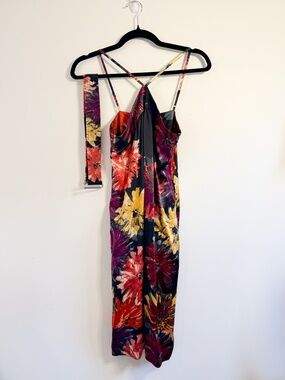 Martin + Osa Silk Floral Halter Dress — Black, Yellow, Red, Purple — Size XS